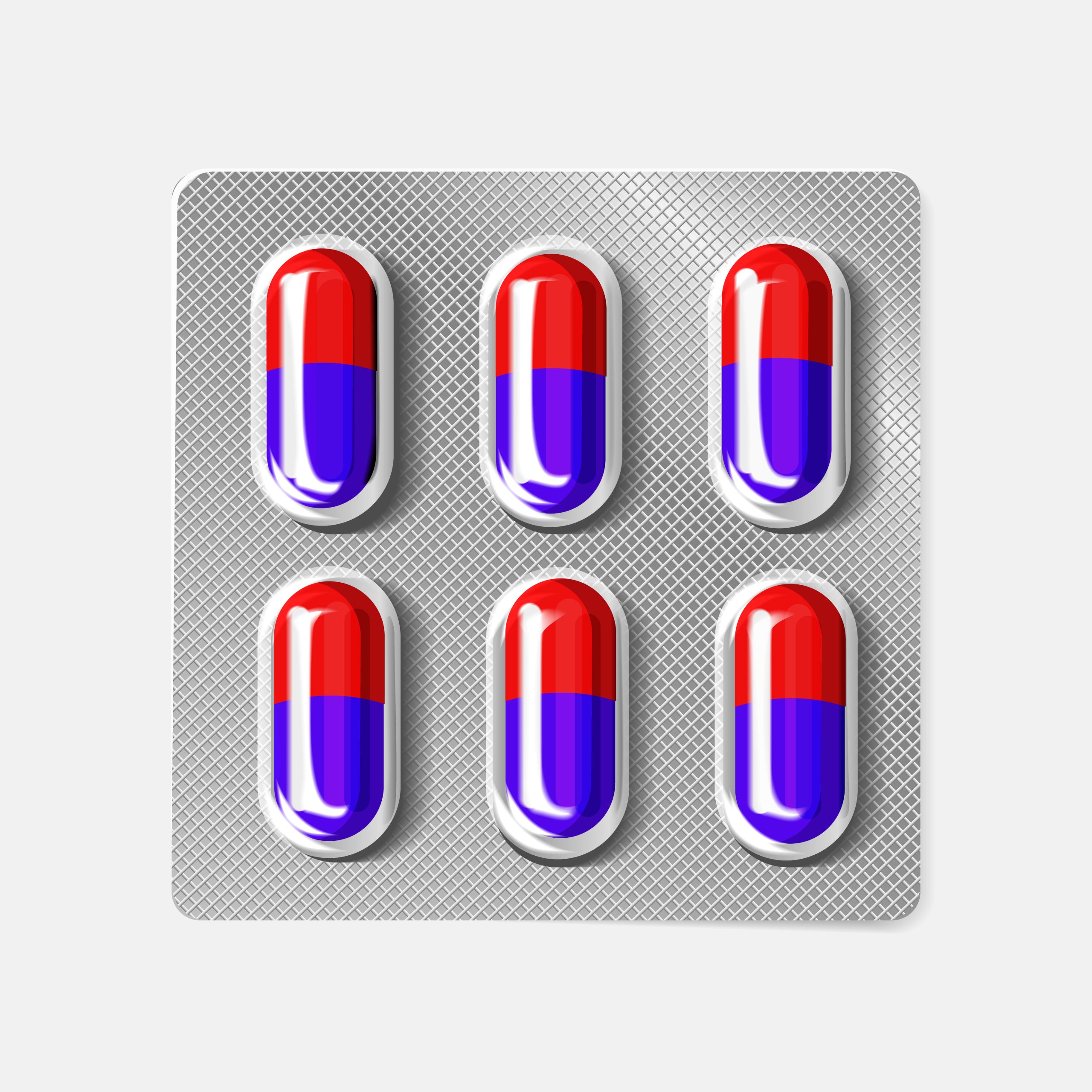 3d blister with capsules. Medical drug tablet for illness and pain treatment: painkiller, vitamin, antibiotic, aspirin. Realistic mock-up of pills packaging. Vector illustration.
